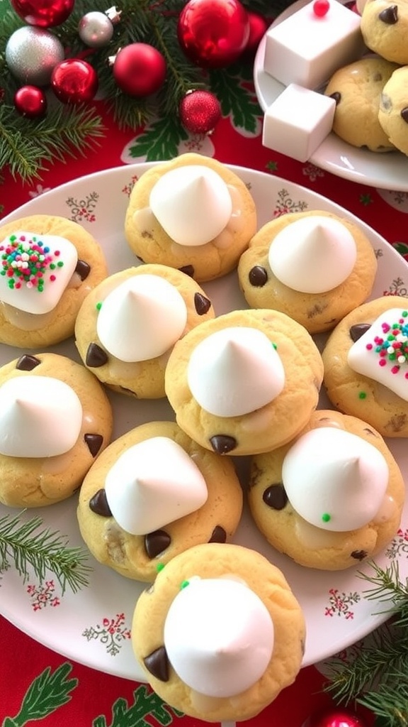 Festive Christmas Cookies with Marshmallows Recipe A plate of Christmas cookies with marshmallows and sprinkles, set on a festive table.